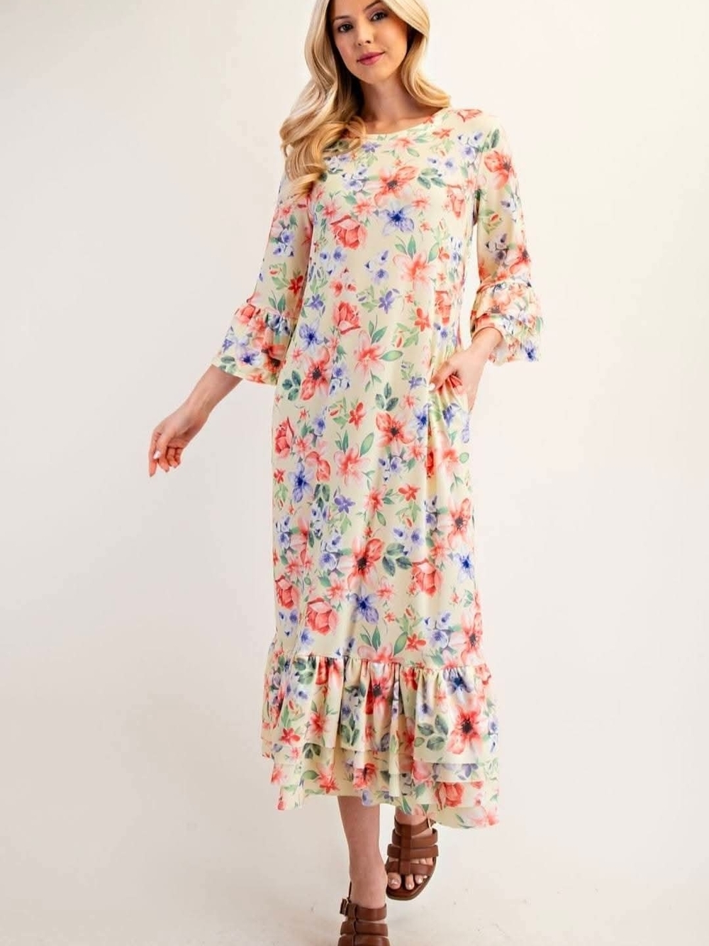 Floral Ruffle Hem Maxi Dress - Cream Floral